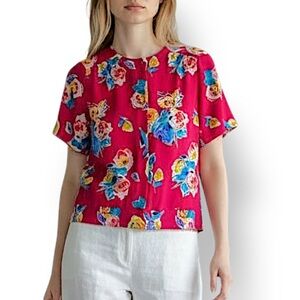 4/$20 Alfred Dunner Petite 10 Floral Blouse Short Sleeve Top